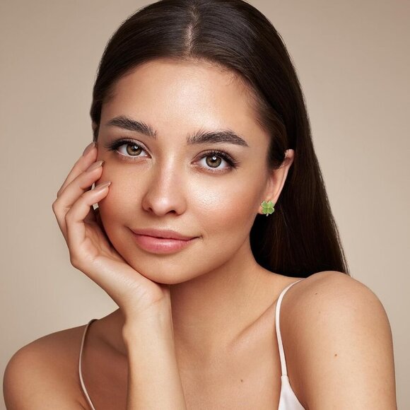 Rotatable Four Leaf Clover Earrings Green Jade Gold Stud Trendy Women - Picture 3 of 7